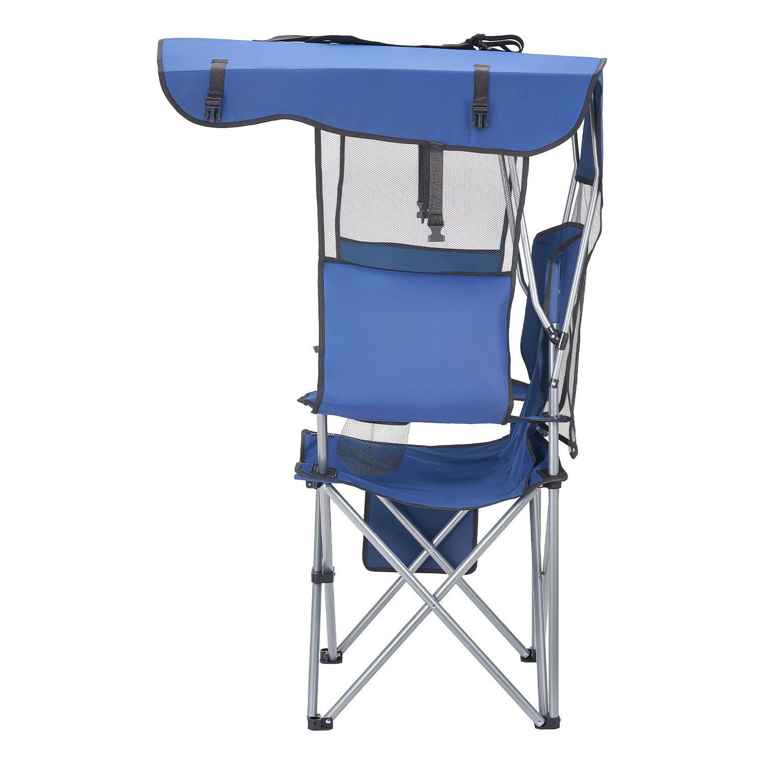 Start2Finish VEVOR outdoor camping chair with canopy, cup holders, magazine pocket, heavy-duty support, deep blue color.