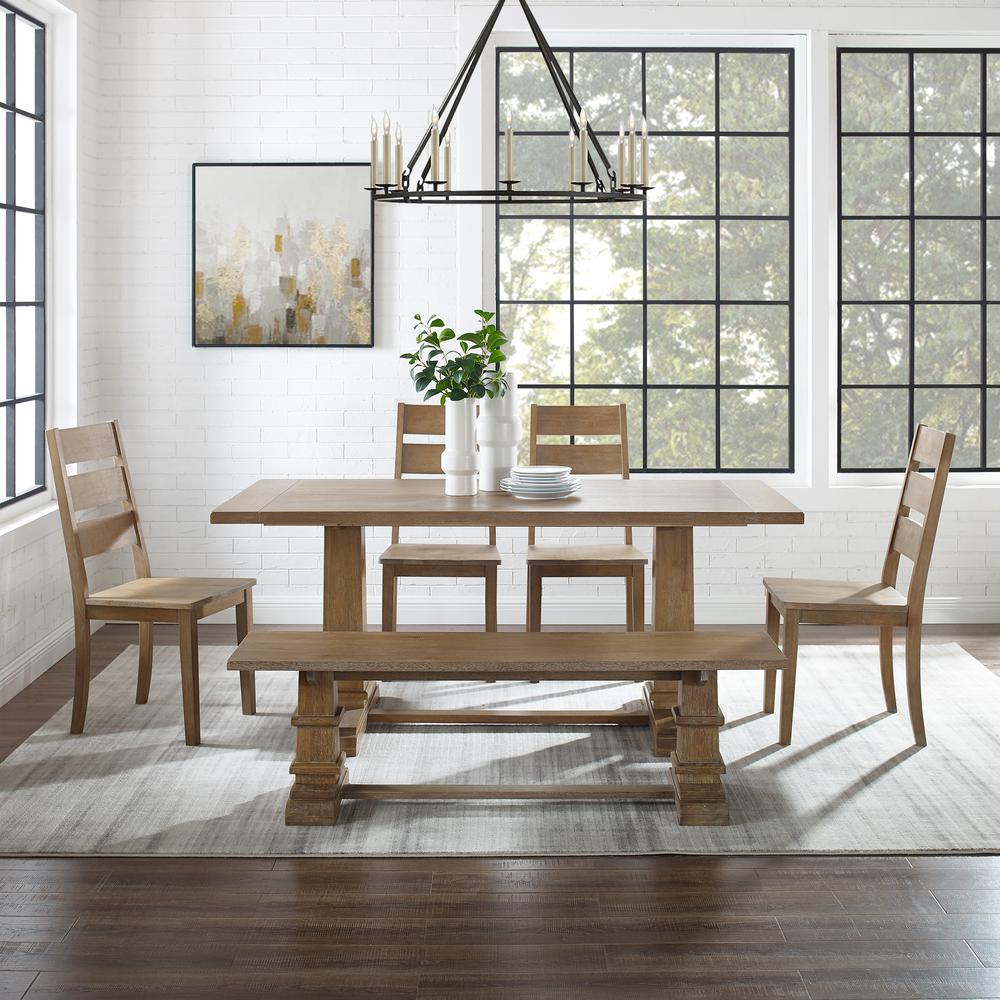 Joanna 6-piece dining table set by Start2Finish includes table, bench, and four ladder-back chairs in a modern wood finish.