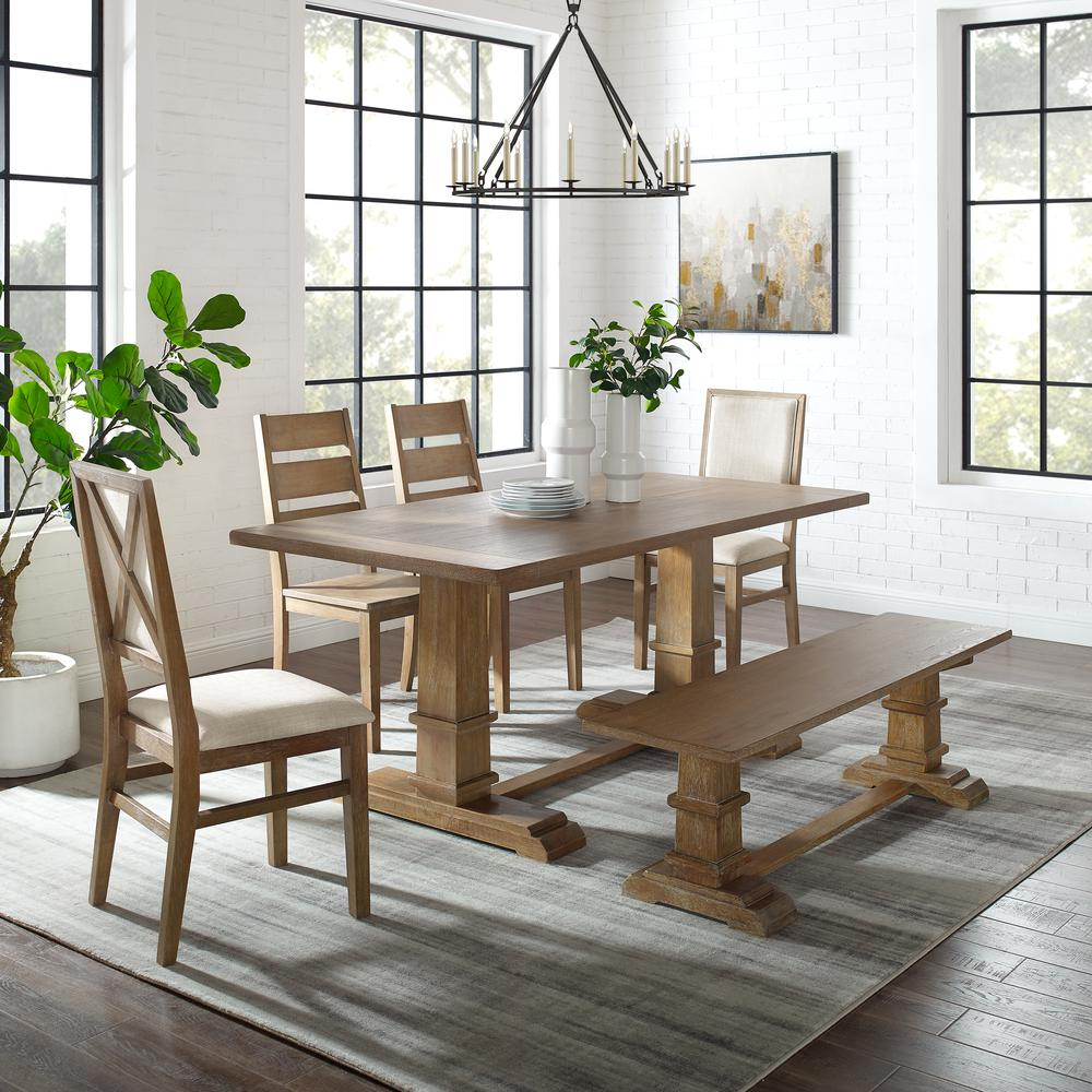 Start2Finish 6-piece dining table set with table, bench, two ladder-back chairs, and two arm chairs, ideal for family meals.