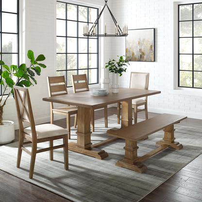 Start2Finish 6-piece dining table set with table, bench, two ladder-back chairs, and two arm chairs, ideal for family meals.