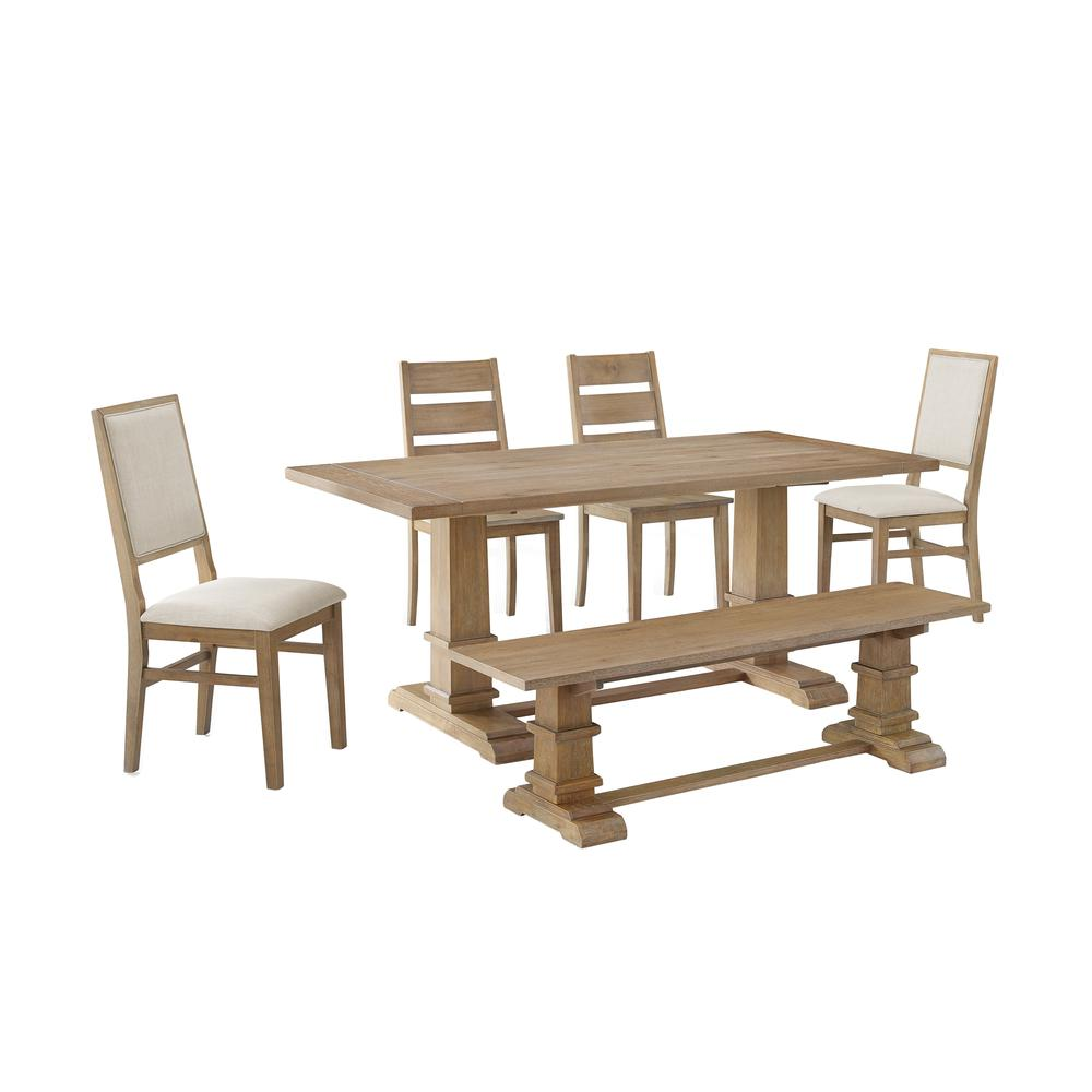 Start2Finish 6-piece dining table set with a table, bench, two ladder-back chairs, and two armchairs, ideal for family meals.