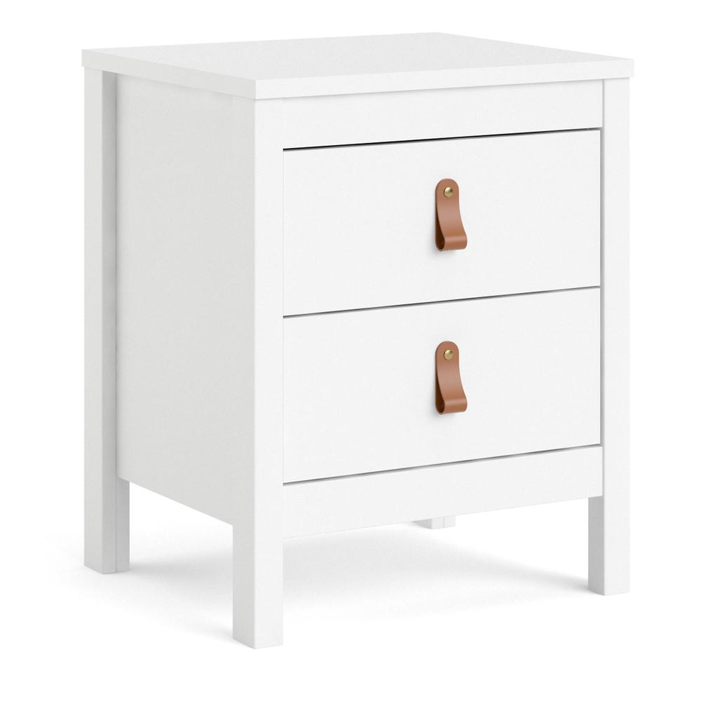 White Madrid 2 Drawer Nightstand by Start2Finish with sleek design and modern handles, shown with a smooth surface and sturdy construction.