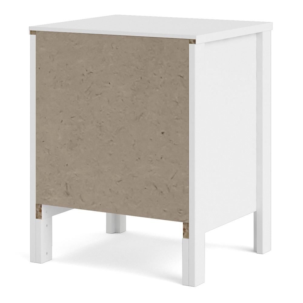 White Madrid 2-drawer nightstand by Start2Finish with sleek design and modern handles, shown in a well-lit bedroom setting.