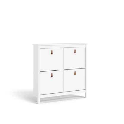 White Madrid 4 Drawer Shoe Cabinet by Start2Finish with sleek drawer handles and compact storage design.
