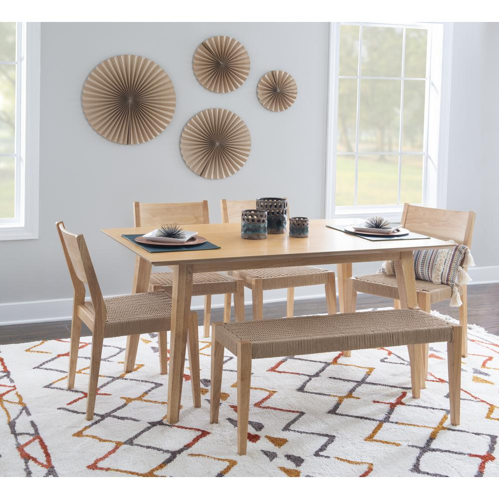 Start2Finish Cadence 6-piece dining set in natural wood with matching chairs and table, showcasing a modern, elegant design.