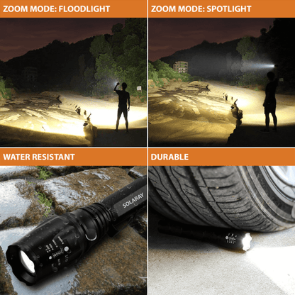 Black Lavender Solaray ZX-1XL 18650 LED tactical flashlight kit for camping, featuring a durable black flashlight with adjustable beam.