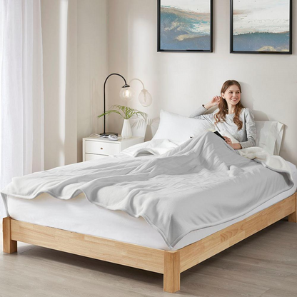 Start2Finish heated blanket spread out on a bed, showcasing its soft fabric and electric heating elements for cozy warmth.