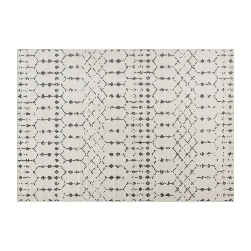 Geometric Bohemian low pile rug in ivory and gray polyester, 5&