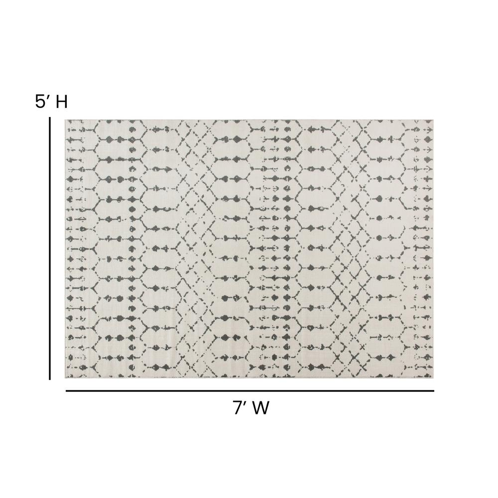 Geometric Bohemian low pile polyester rug in ivory and gray with a 5&