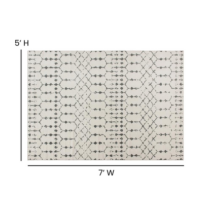 Geometric Bohemian low pile polyester rug in ivory and gray with a 5&