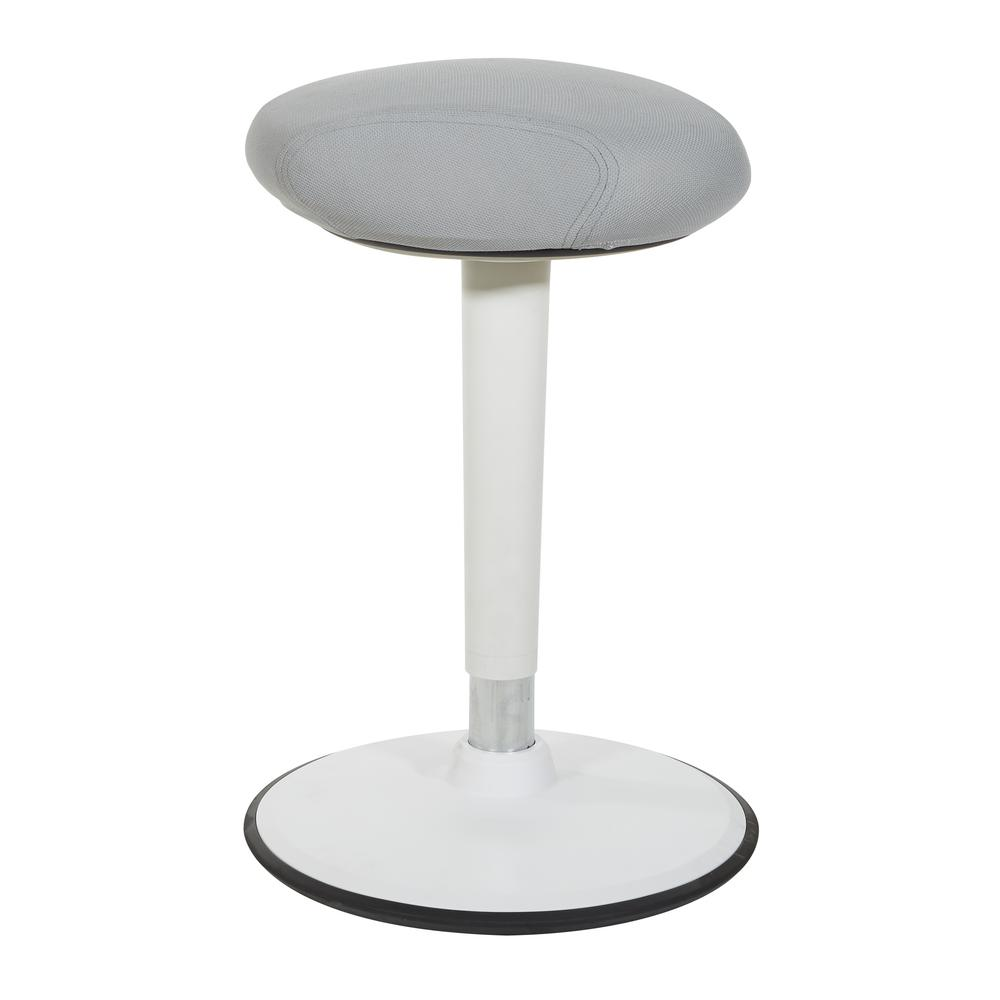 Active Perch Seat by Start2Finish with white frame and grey fabric, adjustable height 24-34 inches, modern furniture piece