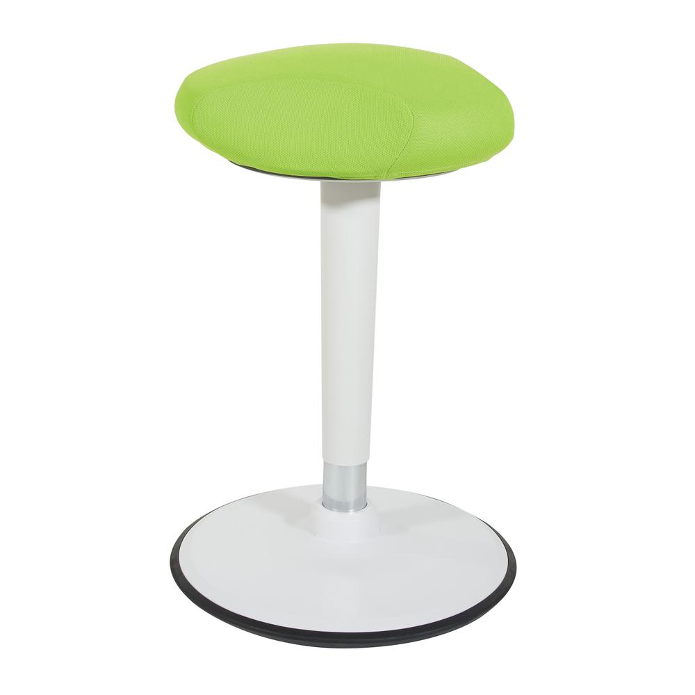 Start2Finish Active Perch seat with white frame and green fabric, adjustable height from 24 to 34 inches, modern furniture piece.