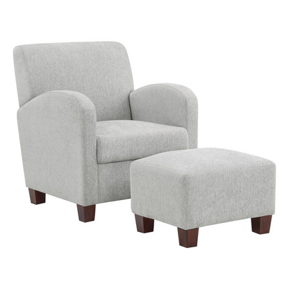 Aiden Chair and Ottoman in herringbone smoke fabric with medium espresso wooden legs, modern and stylish home furniture.