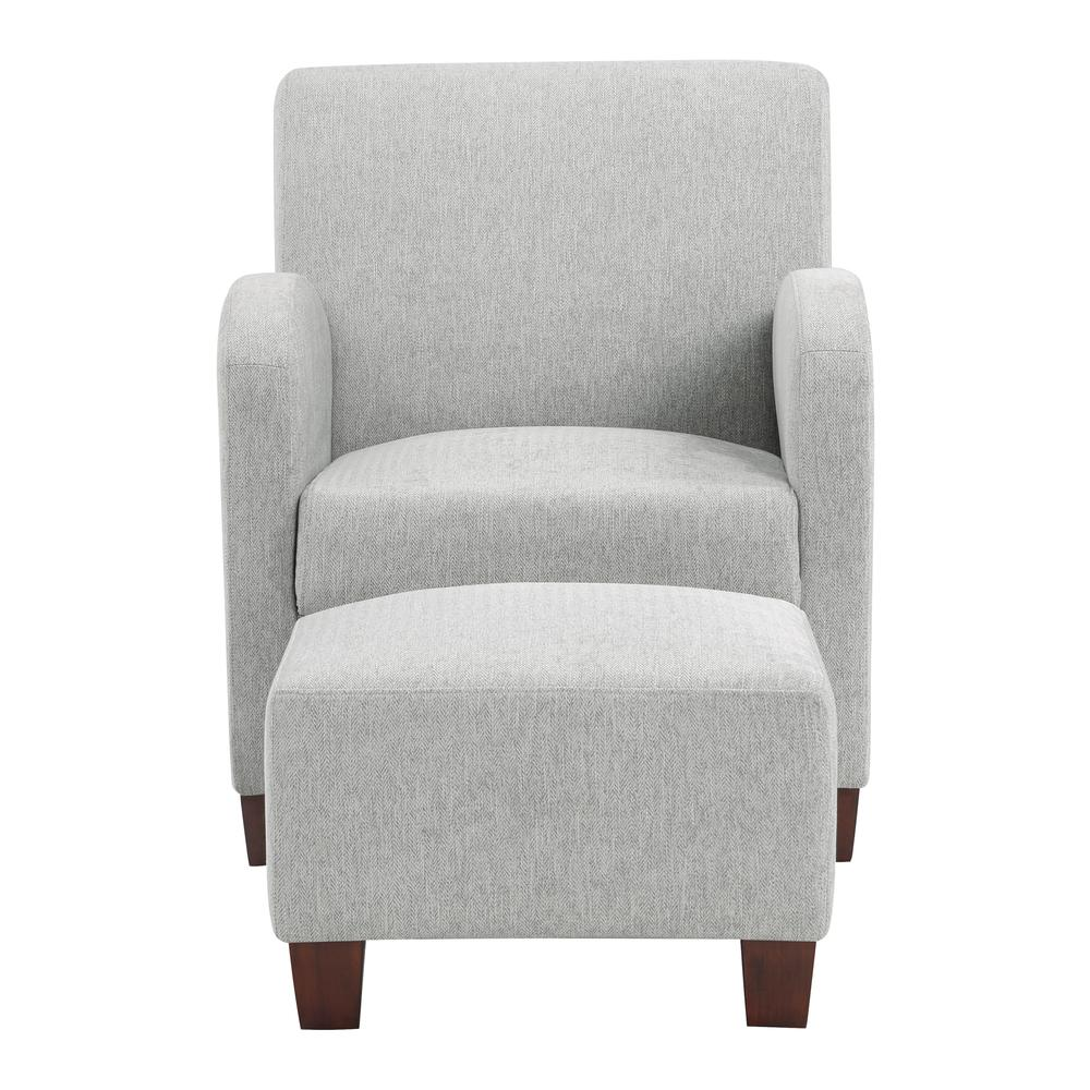 Start2Finish Aiden chair and ottoman in herringbone smoke fabric with medium espresso legs, showcasing a stylish living room setup.