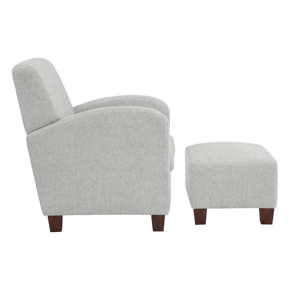 Start2Finish Aiden chair and ottoman in herringbone smoke fabric with medium espresso legs, showcasing modern, stylish furniture.