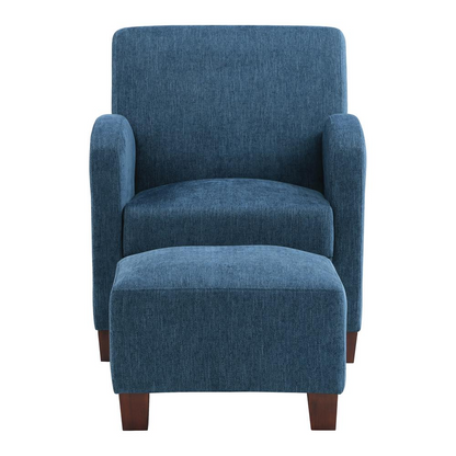Aiden Chair and Ottoman set in navy herringbone fabric with medium espresso wood legs, showcasing stylish and comfortable furniture.