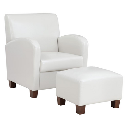 Start2Finish Aiden chair and ottoman in cream faux leather with medium espresso wood legs, showcasing plush upholstery and stylish design.