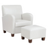 Start2Finish Aiden chair and ottoman in cream faux leather with medium espresso wood legs, showcasing plush upholstery and stylish design.