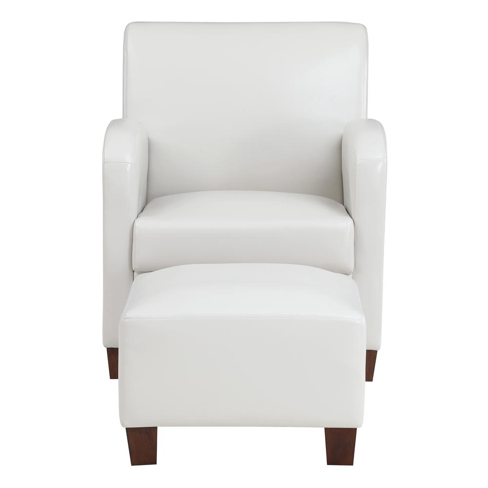 Aiden chair and ottoman in cream faux leather with medium espresso wood legs, stylish furniture by Start2Finish.