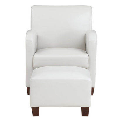 Aiden chair and ottoman in cream faux leather with medium espresso wood legs, stylish furniture by Start2Finish.
