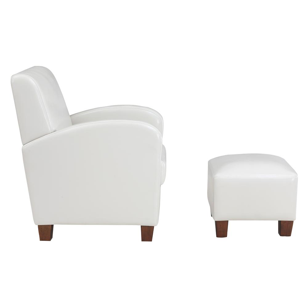Start2Finish Aiden chair and ottoman in cream faux leather with medium espresso legs, showcasing a modern furniture set.