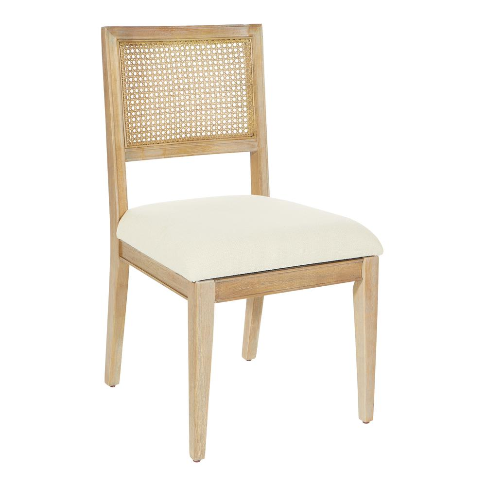 Pair of Alaina Cane Back Dining Chairs in linen fabric with coastal wash finish, featuring stylish cane back design and cushioned seats.
