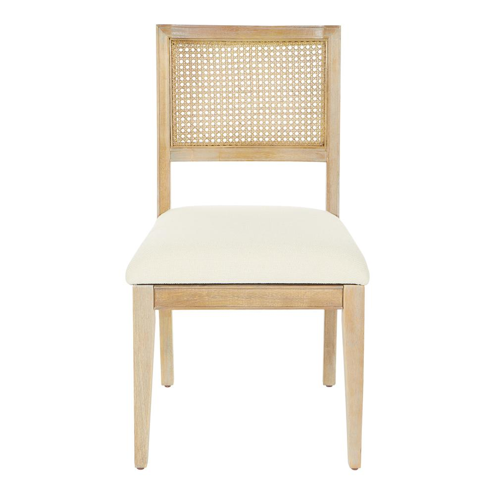 Two Alaina Cane Back Dining Chairs by Start2Finish featuring linen fabric and coastal wash finish, shown in a modern dining setting.