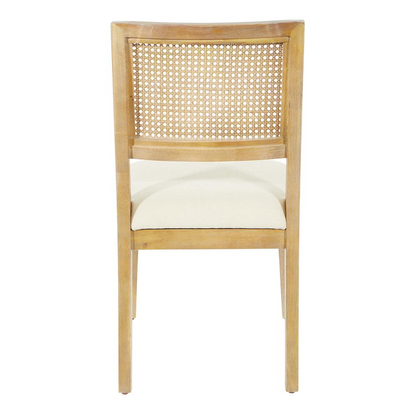 Pair of Alaina Cane Back Dining Chairs in linen fabric with coastal wash finish, showcasing elegant furniture design.
