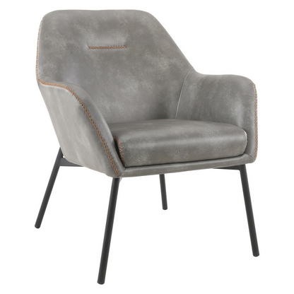 Brooks grey faux leather accent chair with gold stitching and black metal legs, stylish and modern home seating by Start2Finish.