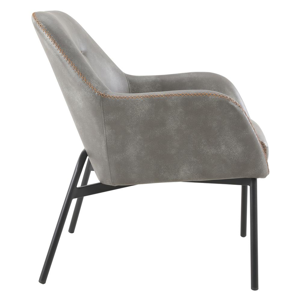 Start2Finish Brooks grey faux leather accent chair with gold stitching, black legs, modern design, and plush cushioning.