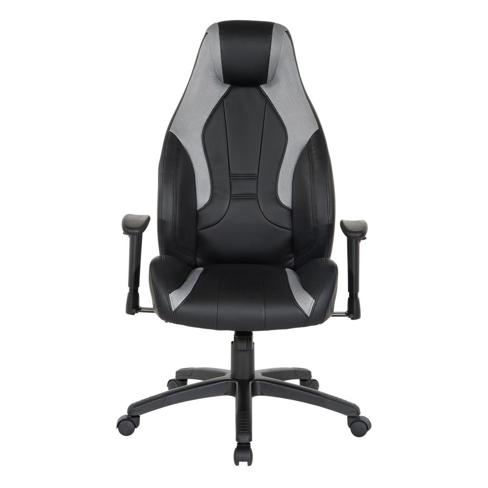 Start2Finish Commander gaming chair in black faux leather with grey accents, ergonomic design and adjustable armrests.