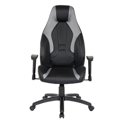 Start2Finish Commander gaming chair in black faux leather with grey accents, ergonomic design and adjustable armrests.