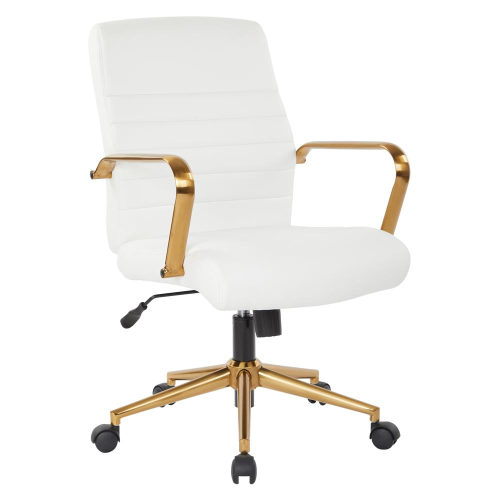 Mid-back white faux leather chair with gold-finish arms and base, modern furniture by Start2Finish.