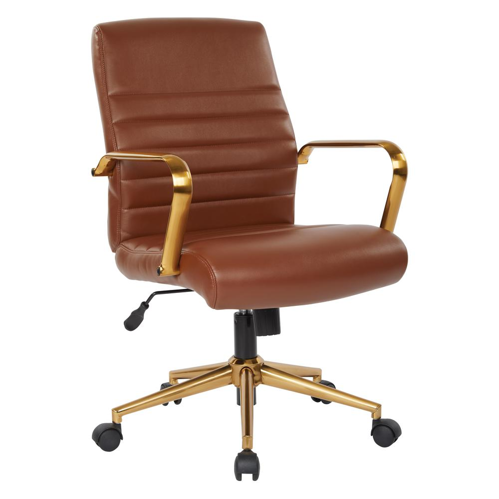 Mid-back saddle faux leather chair by Start2Finish with gold-finish arms and base, modern furniture design, shown from side angle.
