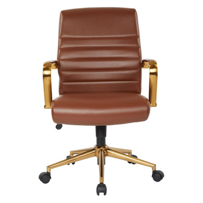 Mid-back saddle faux leather chair by Start2Finish with gold finish arms and base, featuring a modern furniture design.