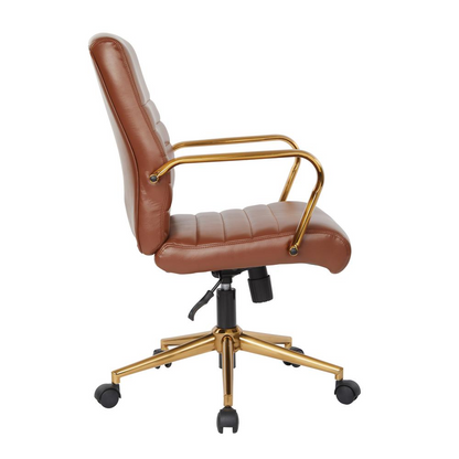 Mid-back saddle faux leather chair by Start2Finish with gold-finish arms and base, featuring a modern furniture design.