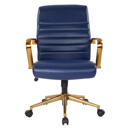 Mid-back navy faux leather chair with gold-finish arms and base, modern furniture piece by Start2Finish.