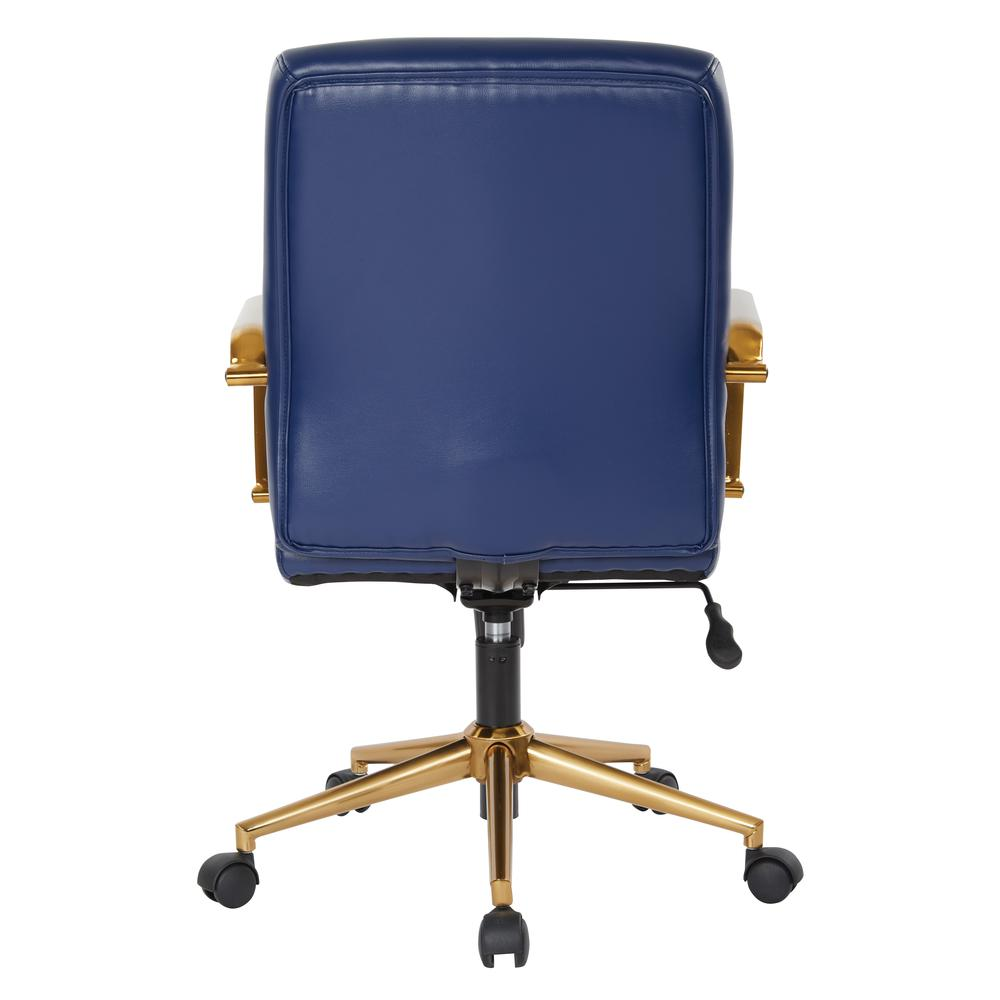 Mid-back navy faux leather chair with gold finish arms and base, modern furniture piece by Start2Finish.