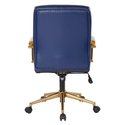 Mid-back navy faux leather chair with gold finish arms and base, modern furniture piece by Start2Finish.