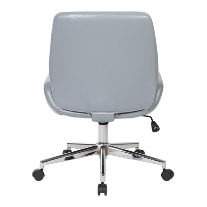 Charcoal grey faux leather chair with chrome finish base, modern furniture piece by Start2Finish, sleek and comfortable seating.