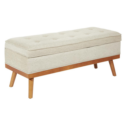Katheryn Storage Bench by Start2Finish with linen fabric and light espresso legs, showing the upholstered top and wooden base.