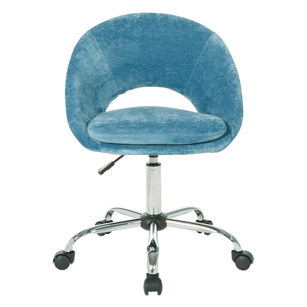 Start2Finish Milo height adjustable home office chair in royal velvet micro-fiber with armrests and chrome base.