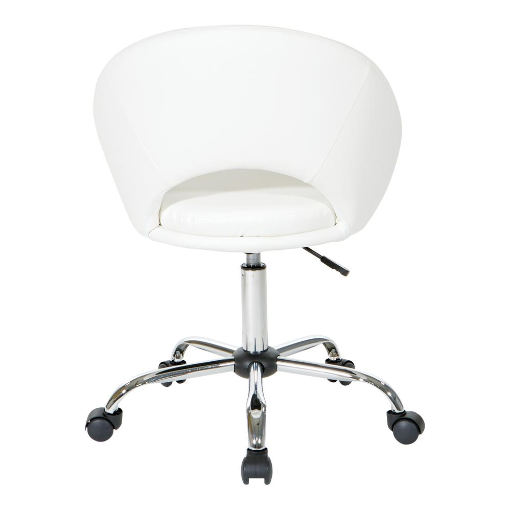 White Milo adjustable home office chair with sleek faux leather upholstery and chrome base, featuring height adjustment.