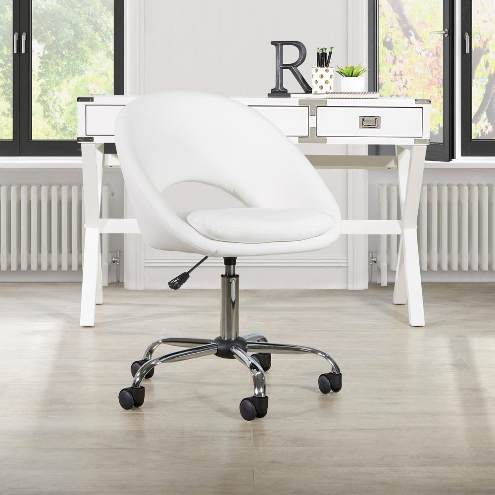 Start2Finish Milo height adjustable office chair with white faux leather upholstery and chrome base, ergonomic and stylish for home workspace.