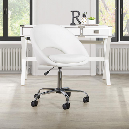 Start2Finish Milo height adjustable office chair with white faux leather upholstery and chrome base, ergonomic and stylish for home workspace.