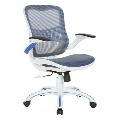 Start2Finish Riley office chair with blue mesh seat and back, ergonomic furniture for workspace comfort.