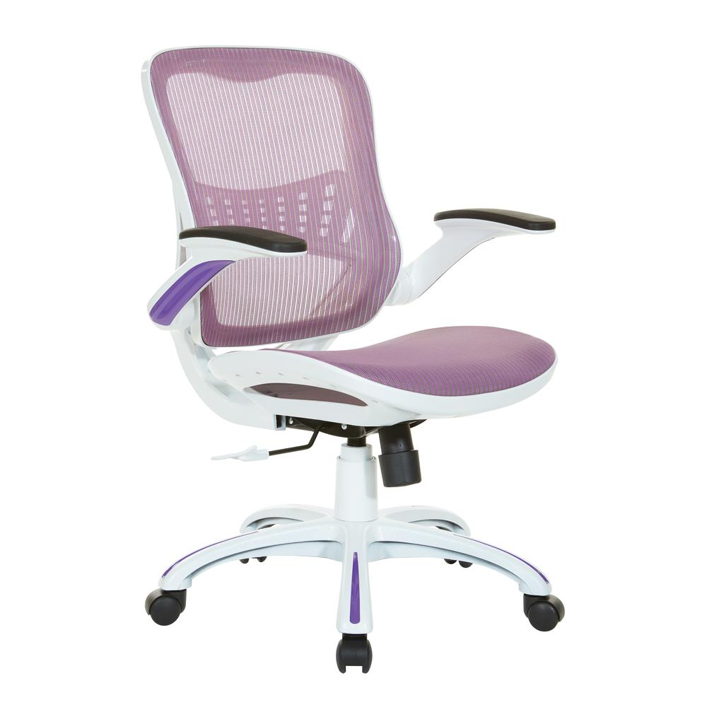 Start2Finish Riley office chair with purple mesh seat and back, ergonomic design and adjustable armrests.