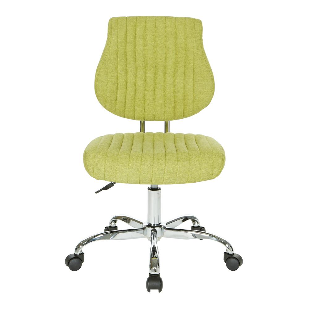 Sunnydale Office Chair by Start2Finish with basil fabric upholstery and chrome base, shown from a side angle.