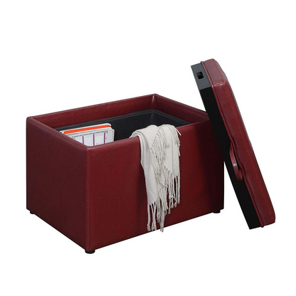 Start2Finish Designs4Comfort accent storage ottoman with reversible tray, beige fabric, and sturdy wooden legs.