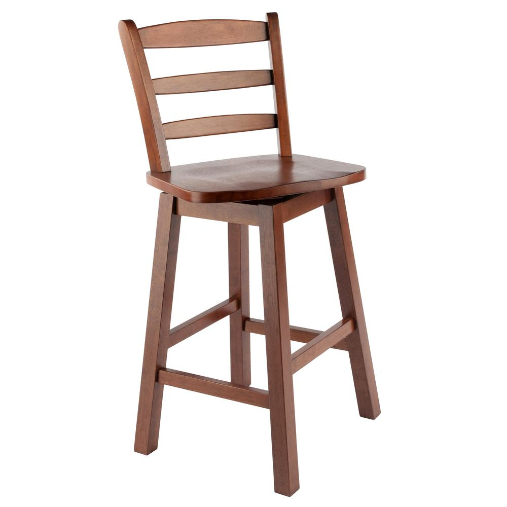 Scalera Ladder Back Swivel Seat Counter Stool in walnut wood with a rounded seat and metal base, by Start2Finish.